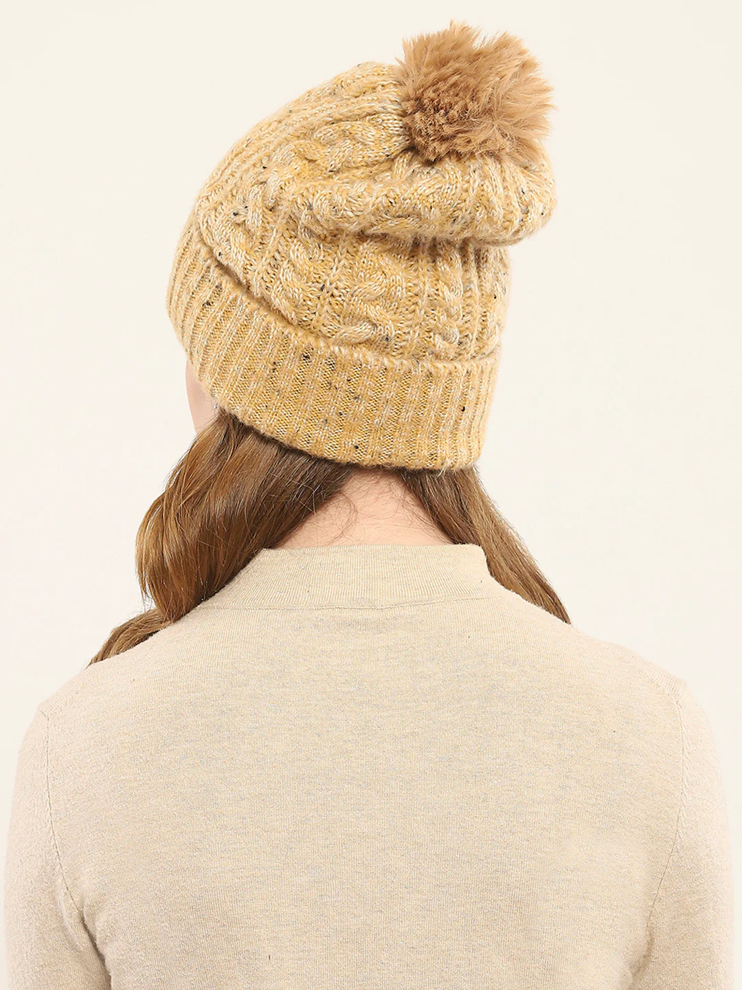 Women Cream Self Design Cap - Image 5