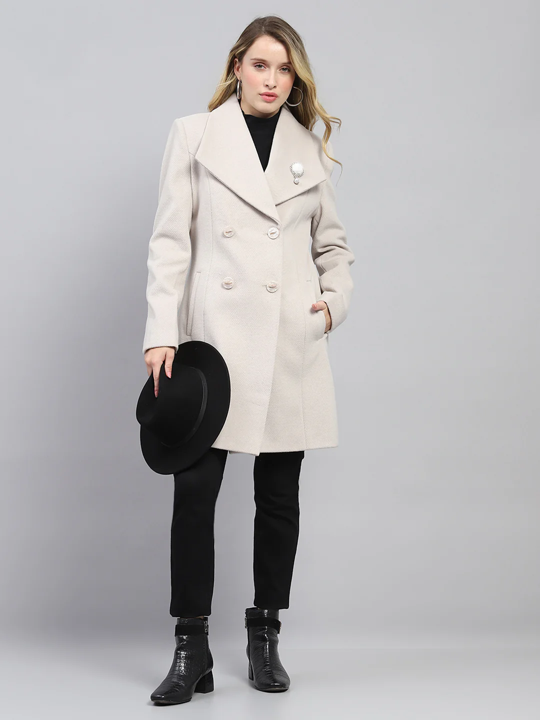 Women Cream Self Design Collar Full Sleeve Coat - Image 2