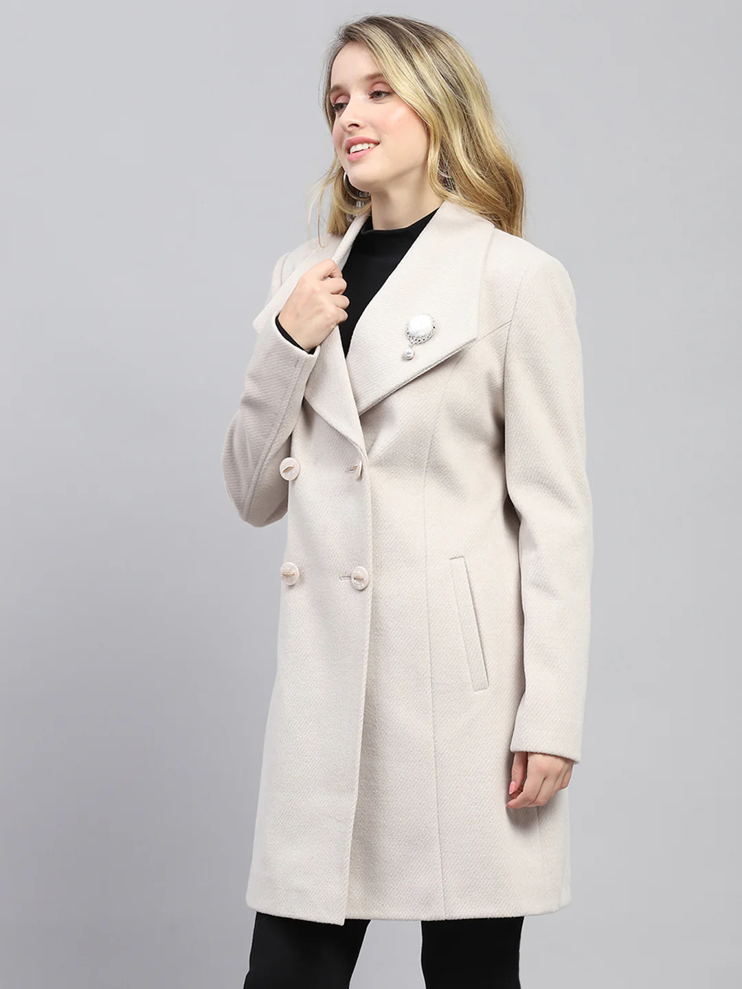 Women Cream Self Design Collar Full Sleeve Coat - Image 3