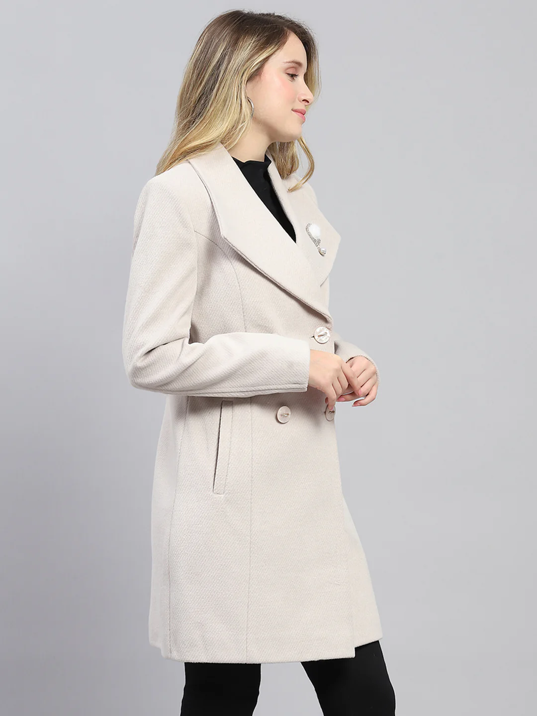 Women Cream Self Design Collar Full Sleeve Coat - Image 4
