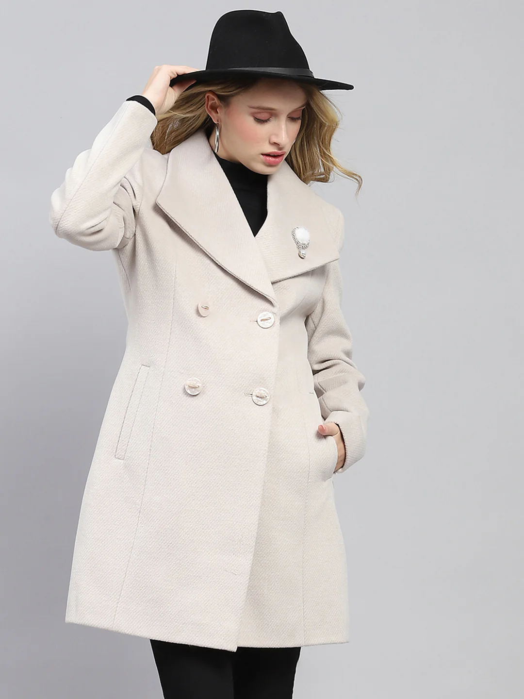 Women Cream Self Design Collar Full Sleeve Coat - Image 6