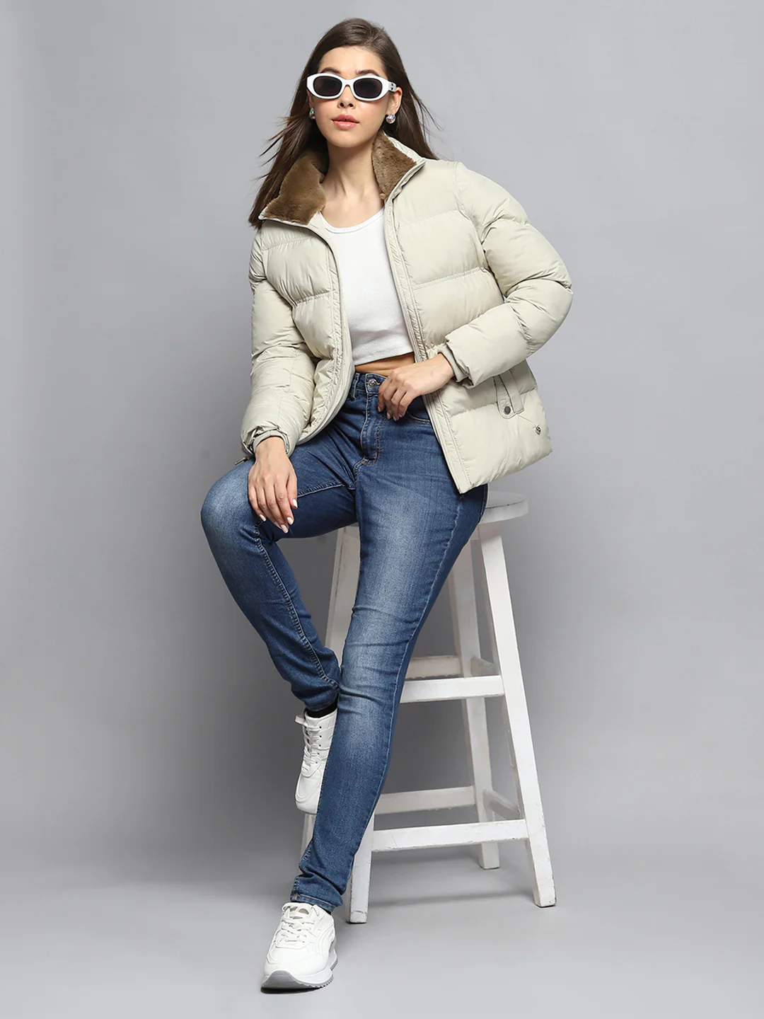 Women Cream Self Design Collar Full Sleeve Jacket - Image 2