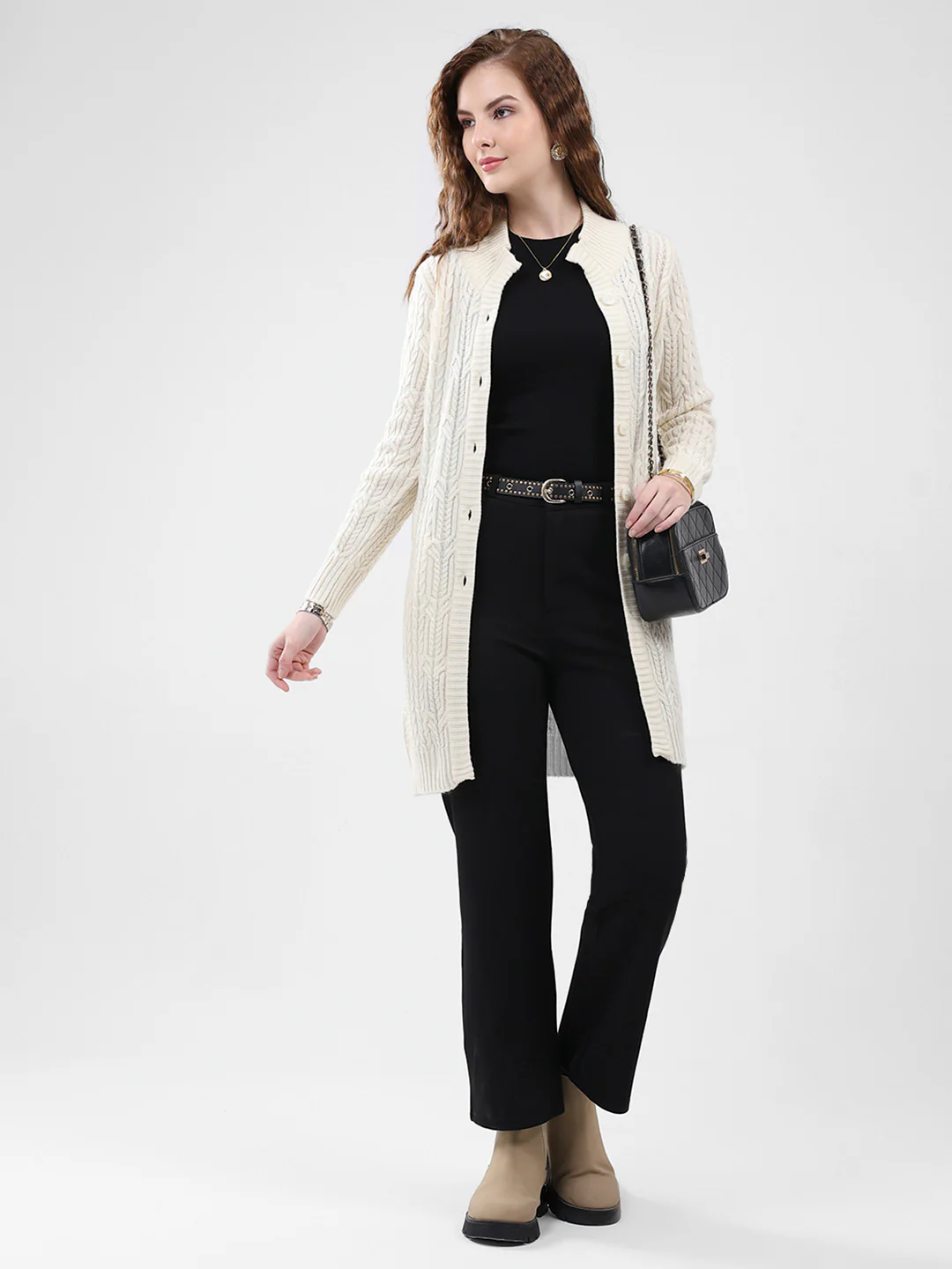 Women Cream Self Design Mock Neck Full Sleeve Cardigan - Image 2