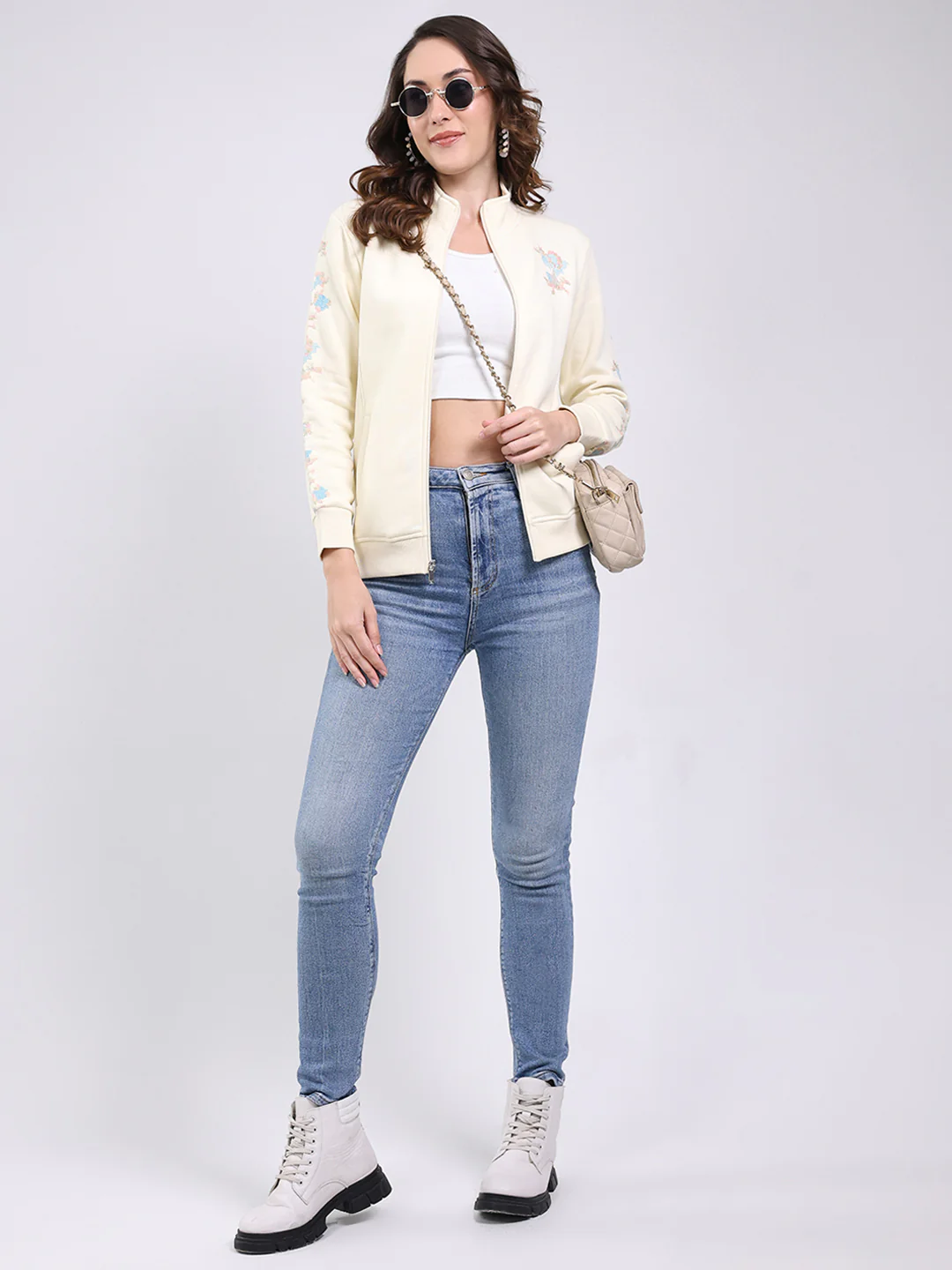 Women Cream Self Design Mock Neck Full Sleeve Sweatshirt - Image 2