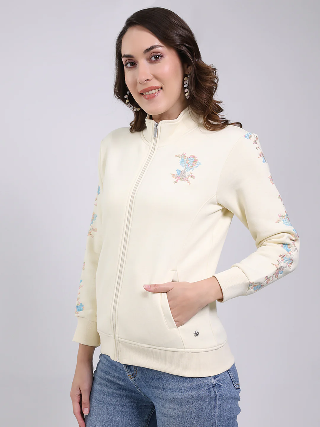 Women Cream Self Design Mock Neck Full Sleeve Sweatshirt - Image 3