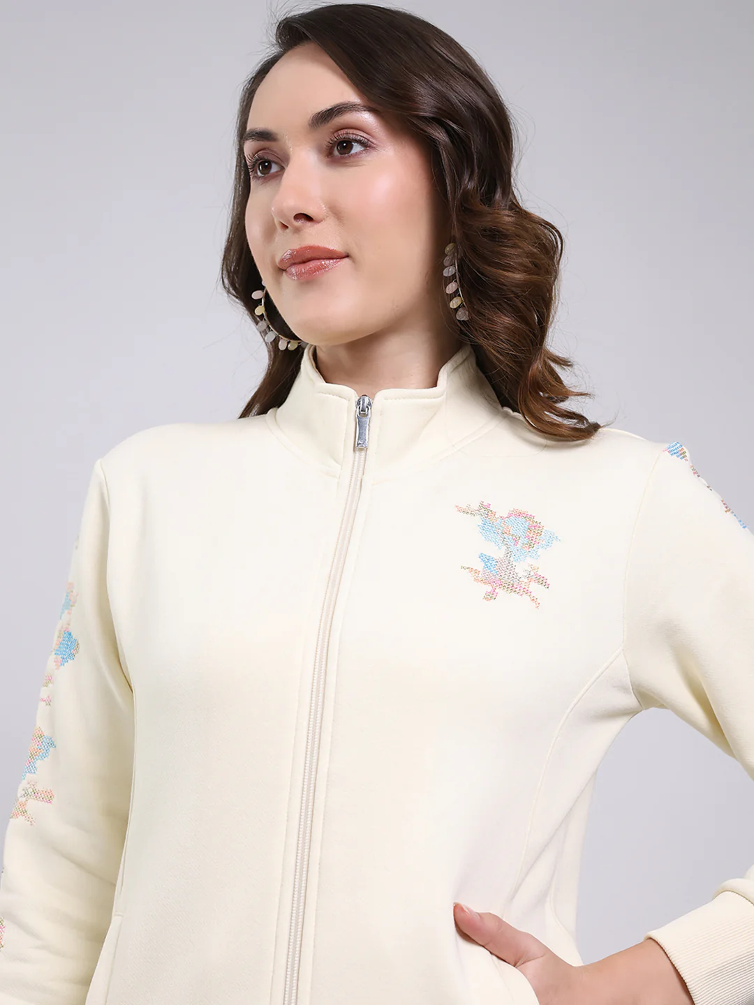 Women Cream Self Design Mock Neck Full Sleeve Sweatshirt - Image 7