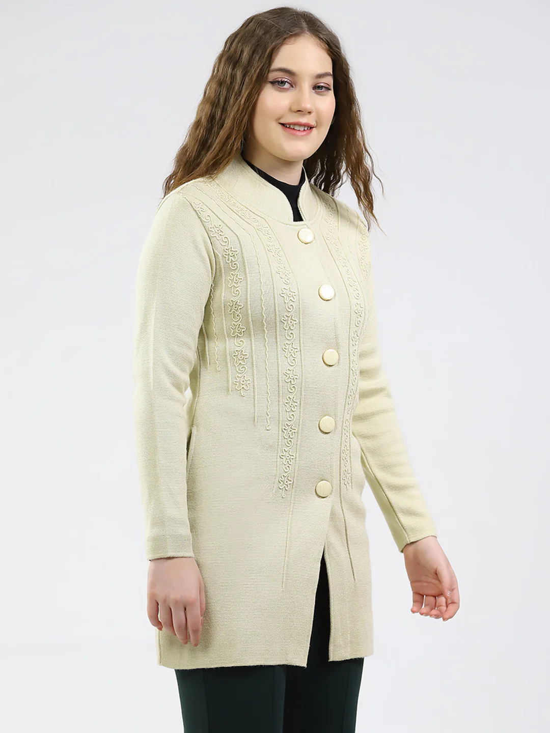 Women Cream Self Design Round Neck Full Sleeve Knitted Coat - Image 4