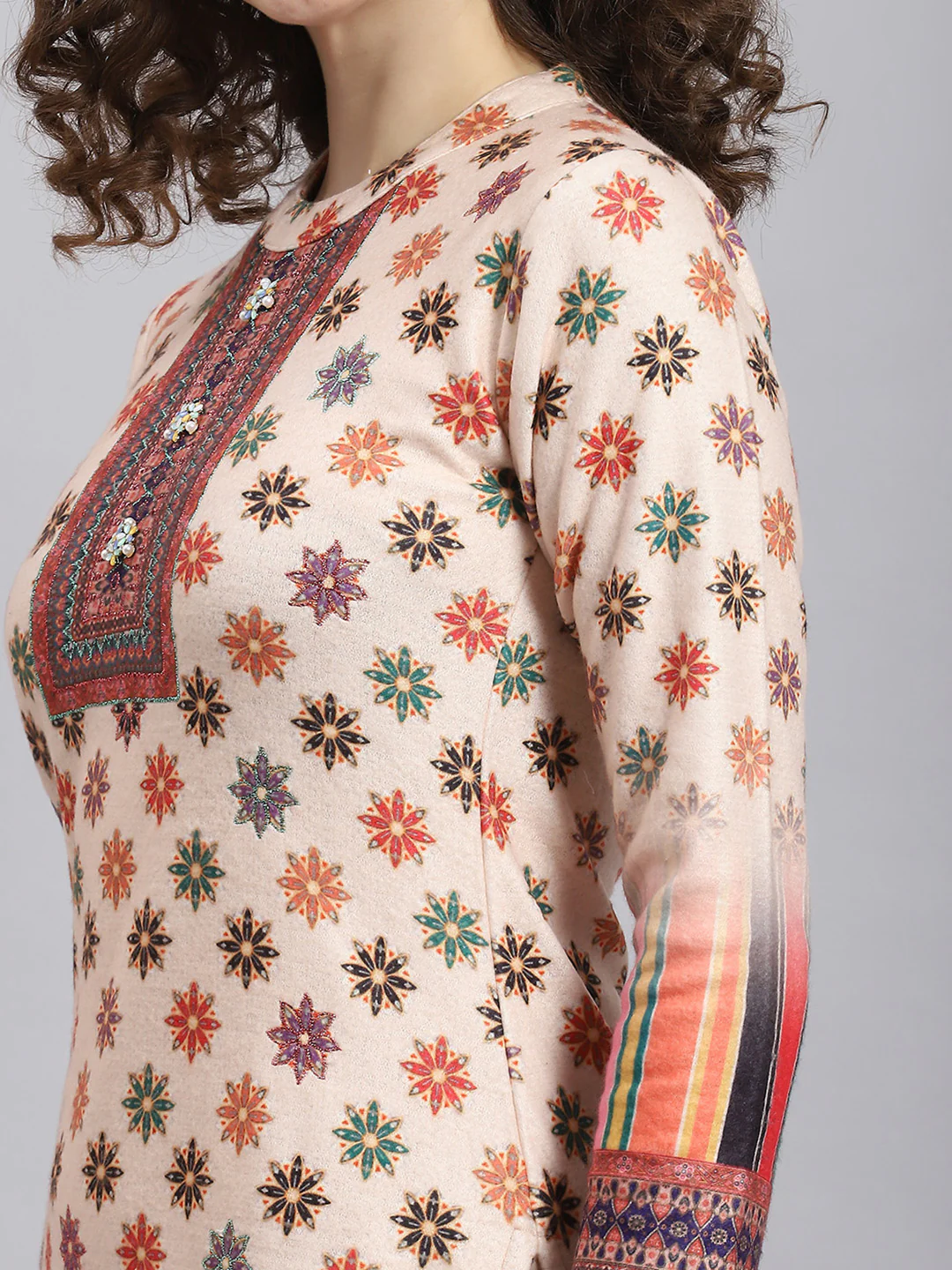 Women Cream Self Design Round Neck Full Sleeve Kurtis Set - Image 6