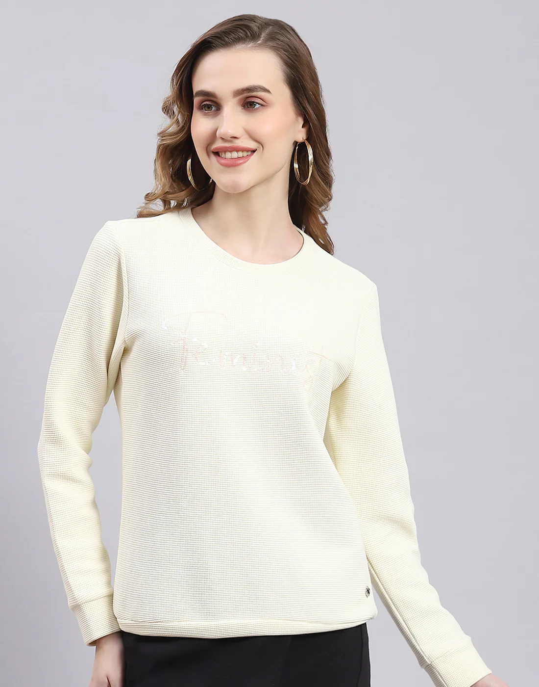 Women Cream Self Design Round Neck Full Sleeve Sweatshirt