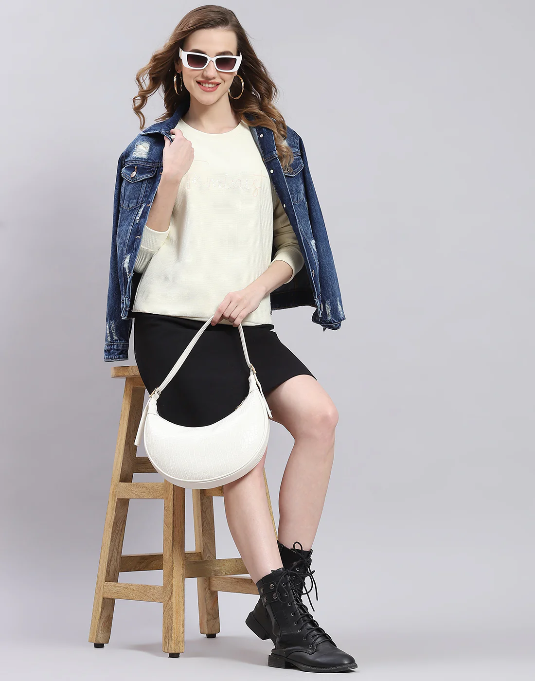 Women Cream Self Design Round Neck Full Sleeve Sweatshirt - Image 3