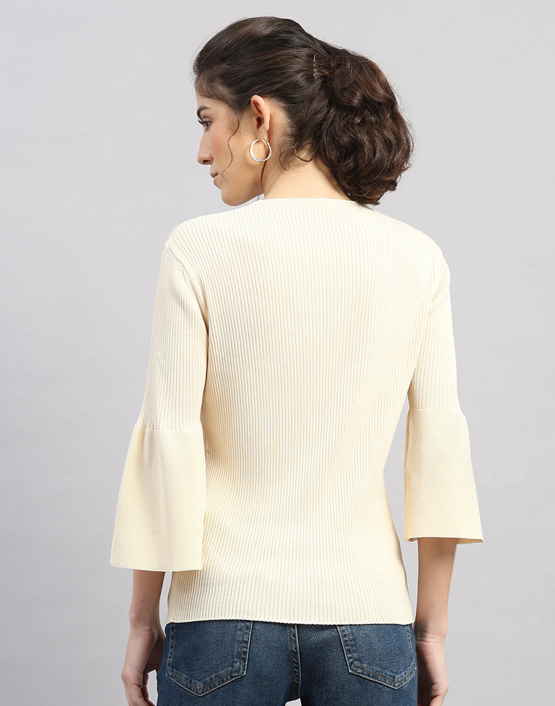 Women Cream Self Design Round Neck Full Sleeve Winter Top - Image 4