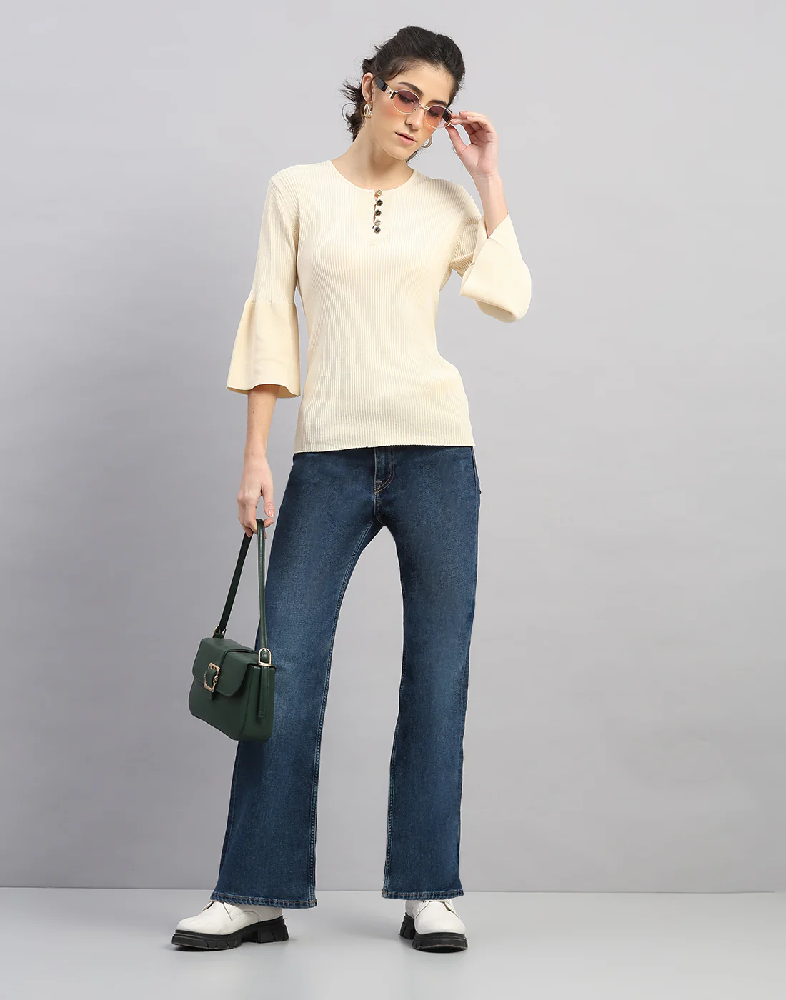 Women Cream Self Design Round Neck Full Sleeve Winter Top - Image 5
