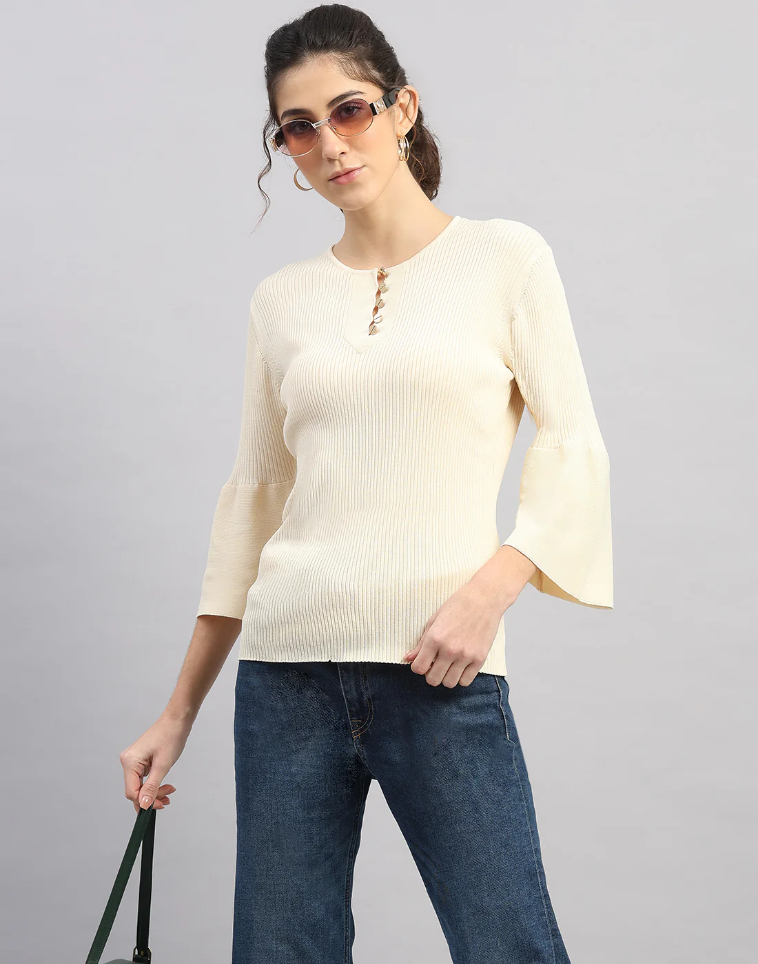 Women Cream Self Design Round Neck Full Sleeve Winter Top - Image 6