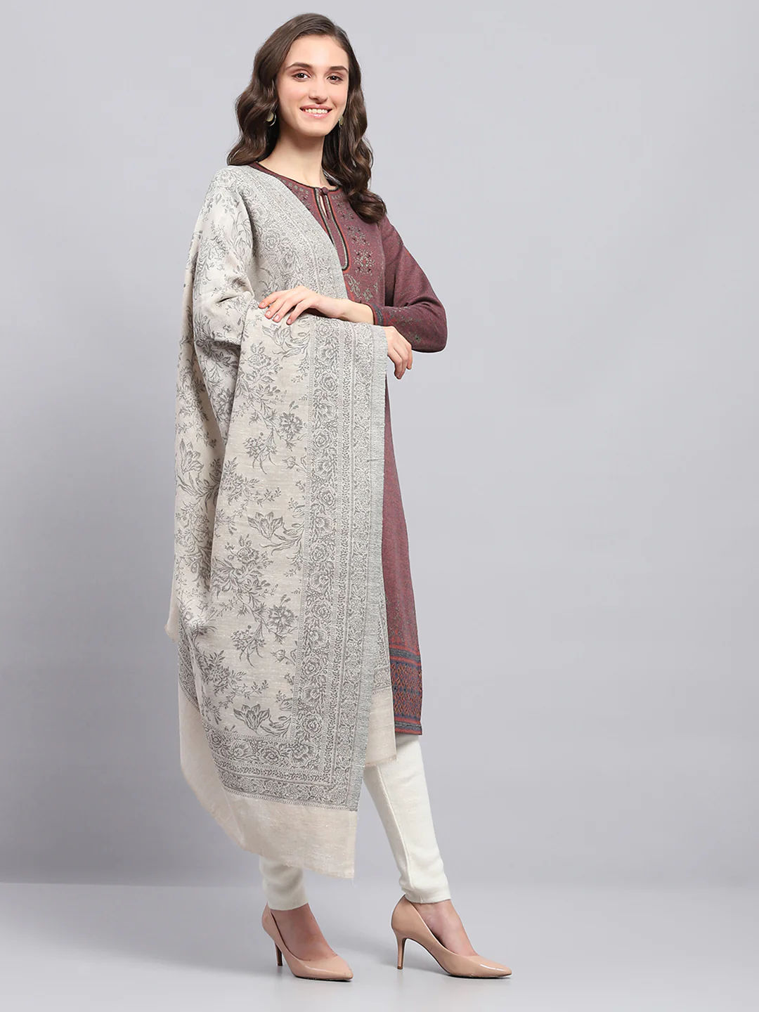 Women Cream Self Design Shawl - Image 4