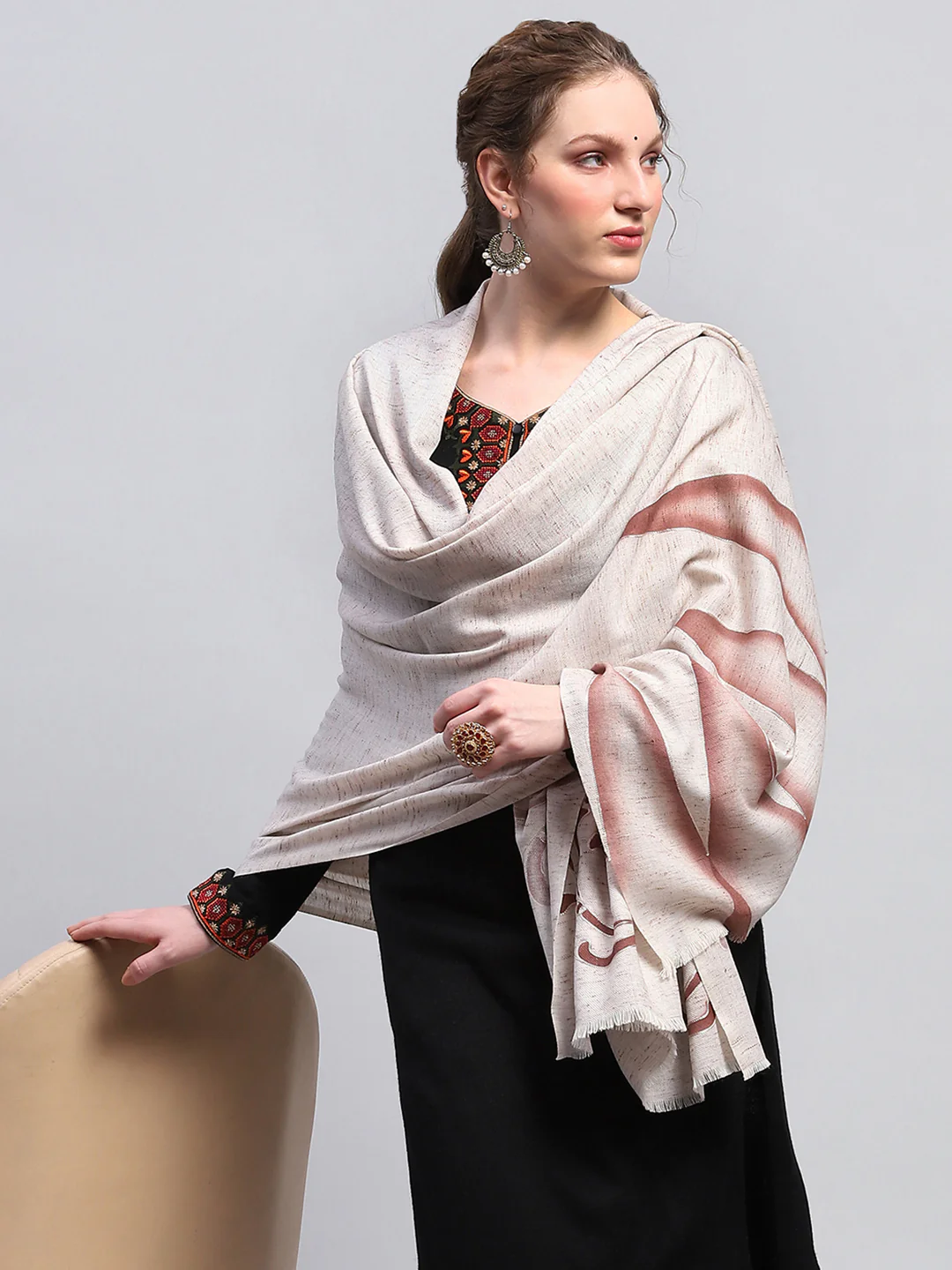 Women Cream Self Design Shawl - Image 2