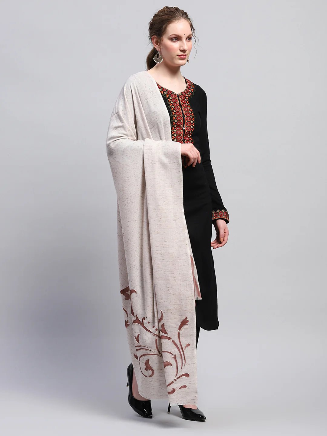 Women Cream Self Design Shawl - Image 4