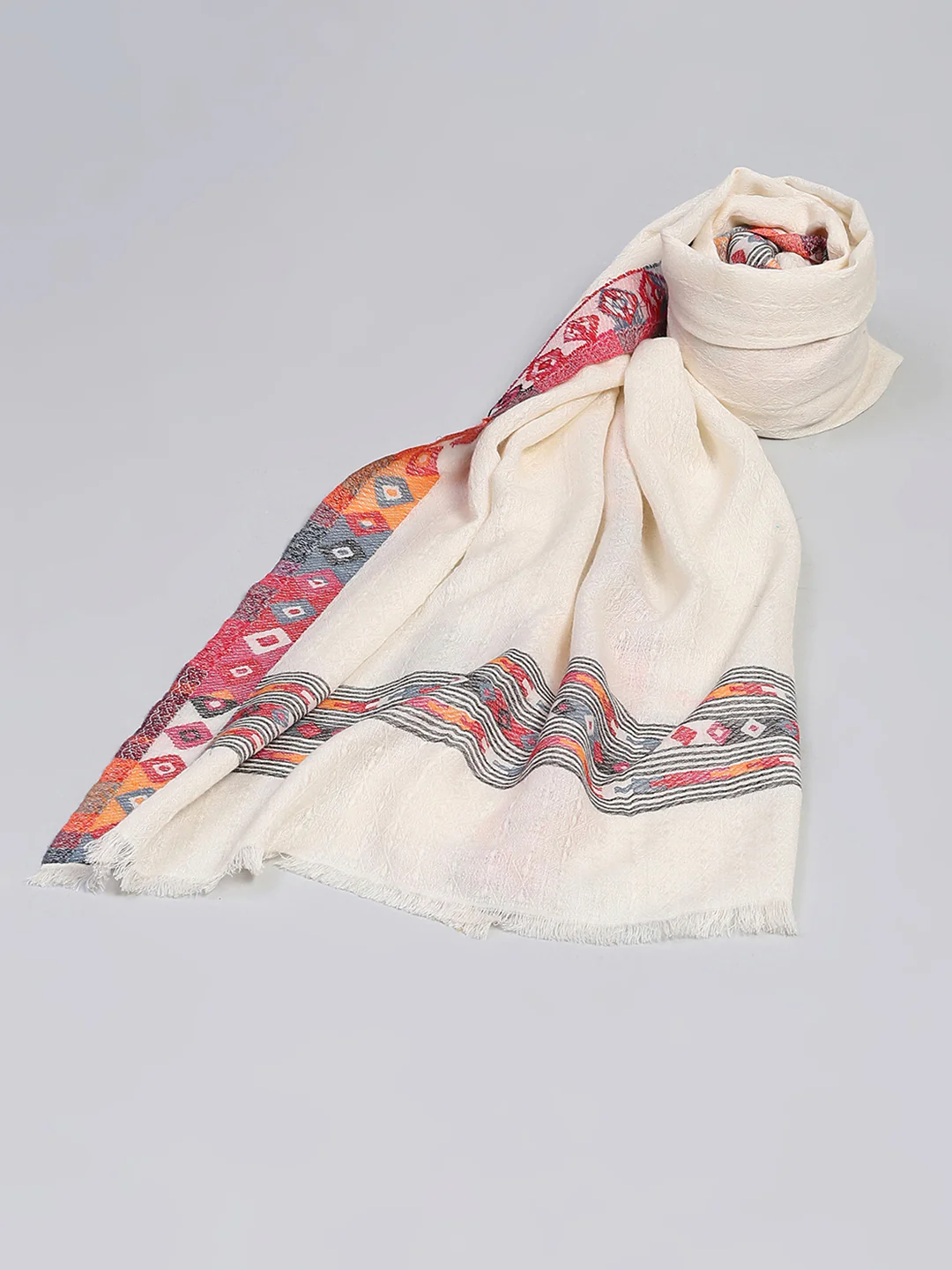 Women Cream Self Design Shawl - Image 2