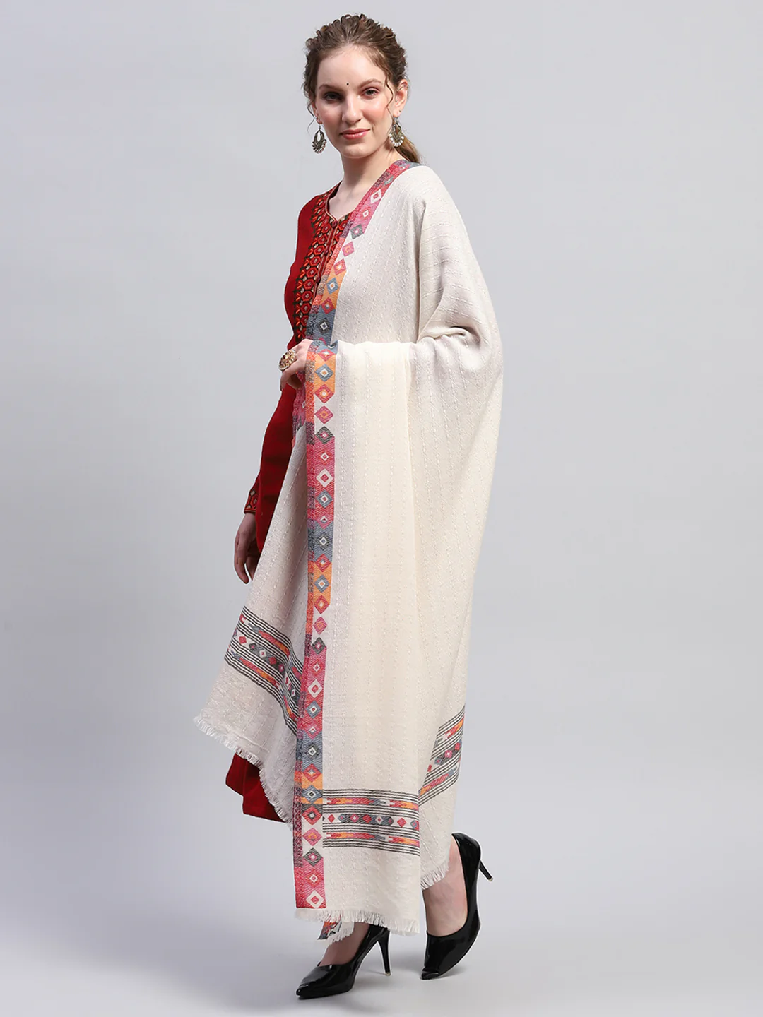 Women Cream Self Design Shawl - Image 3
