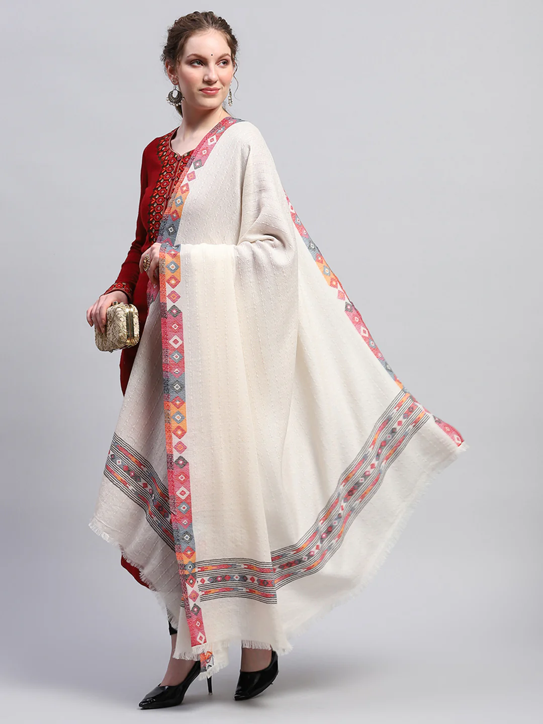 Women Cream Self Design Shawl - Image 5
