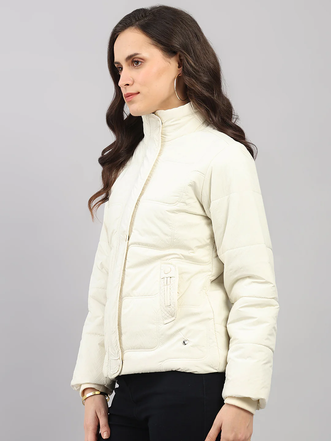 Women Cream Self Design Stand Collar Full Sleeve Jacket - Image 3
