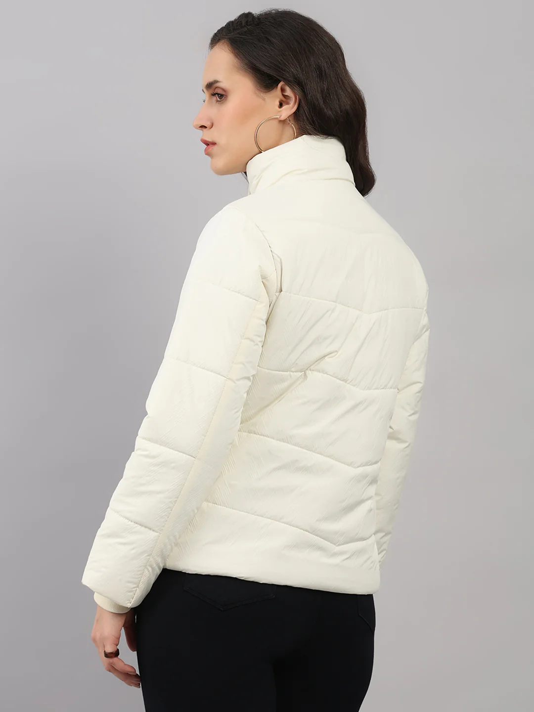 Women Cream Self Design Stand Collar Full Sleeve Jacket - Image 5