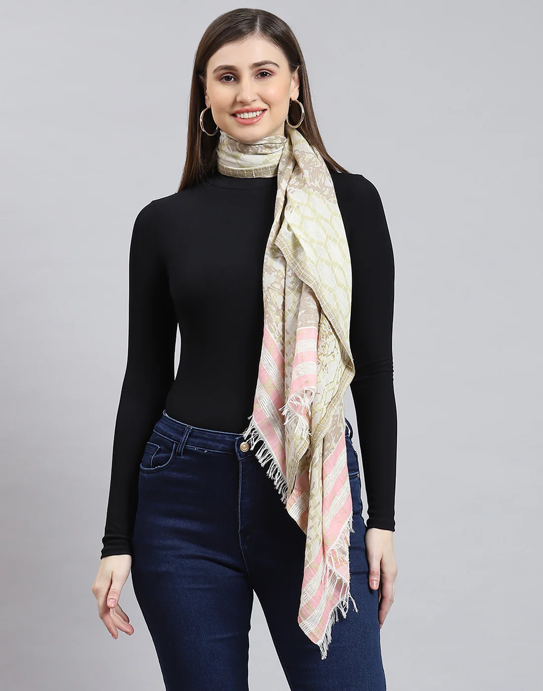 Women Cream Self Design Stole - Image 3