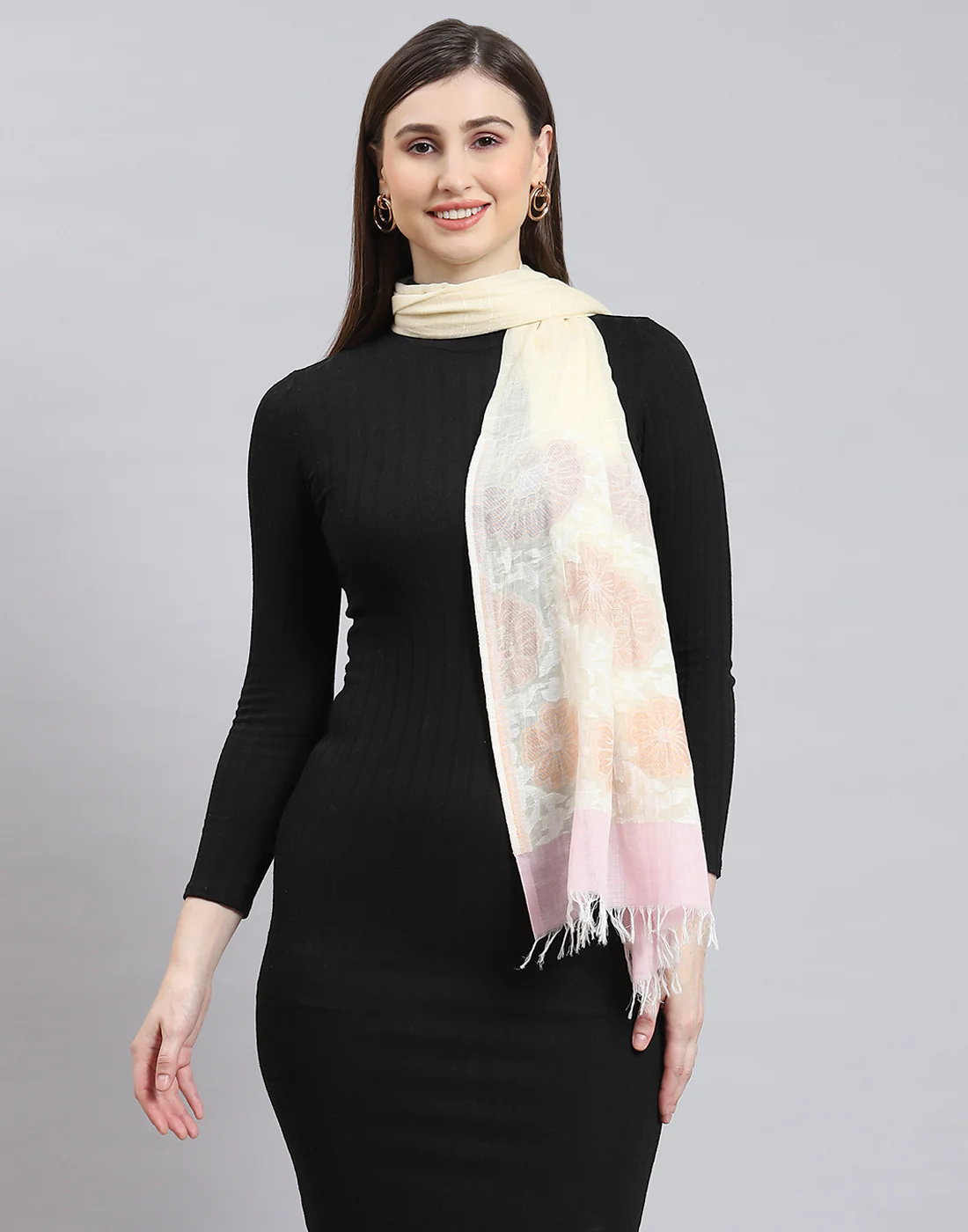 Women Cream Self Design Stole - Image 3