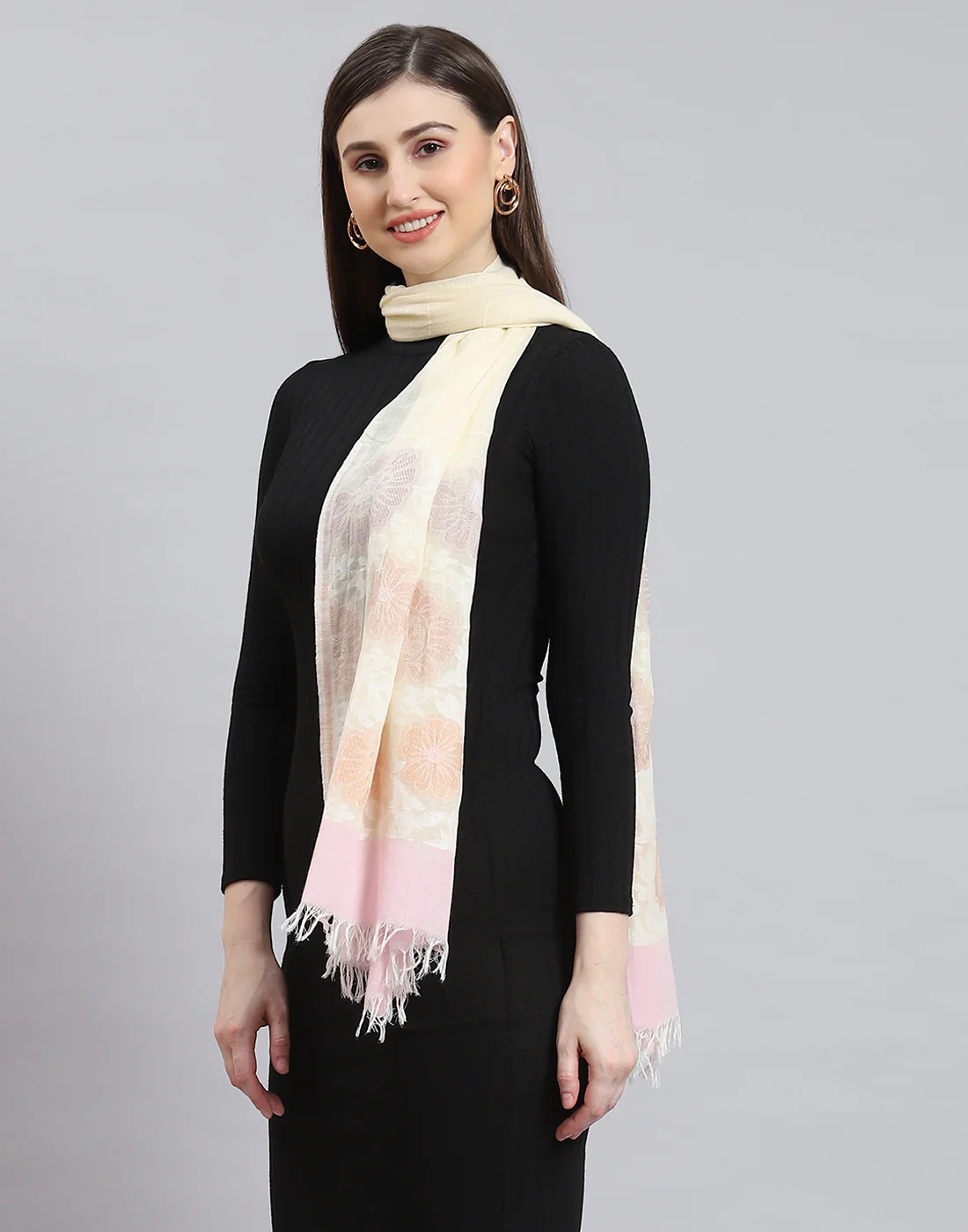Women Cream Self Design Stole - Image 4