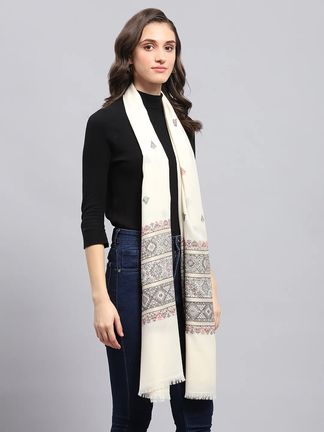 Women Cream Self Design Stole - Image 4