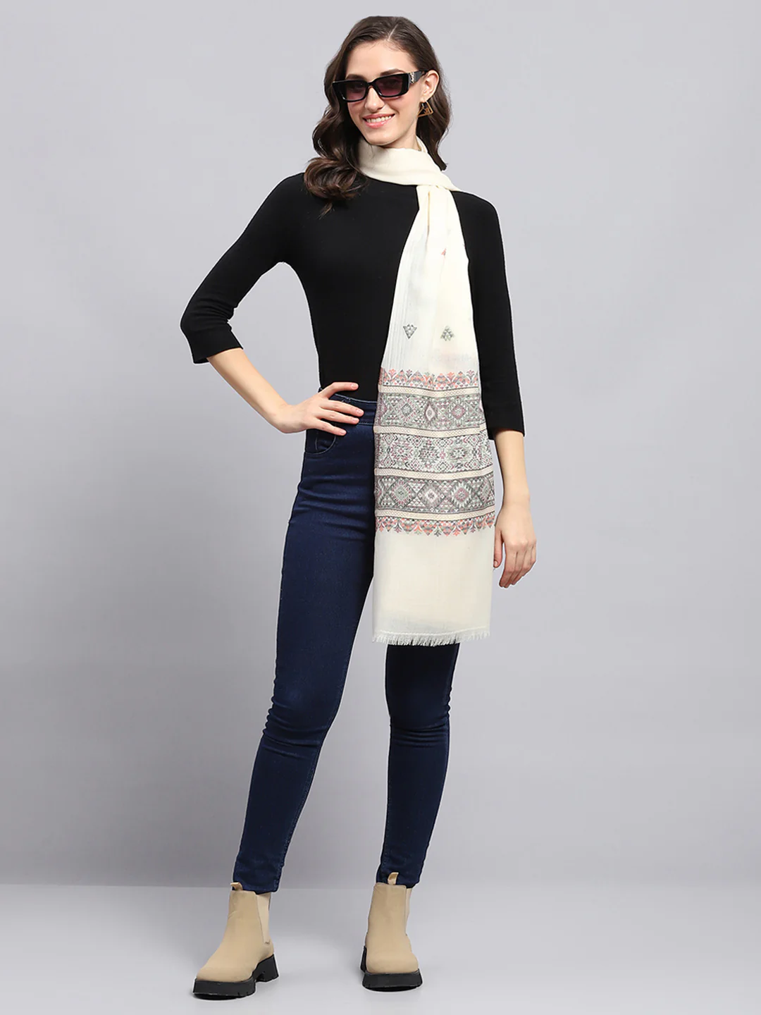Women Cream Self Design Stole - Image 5