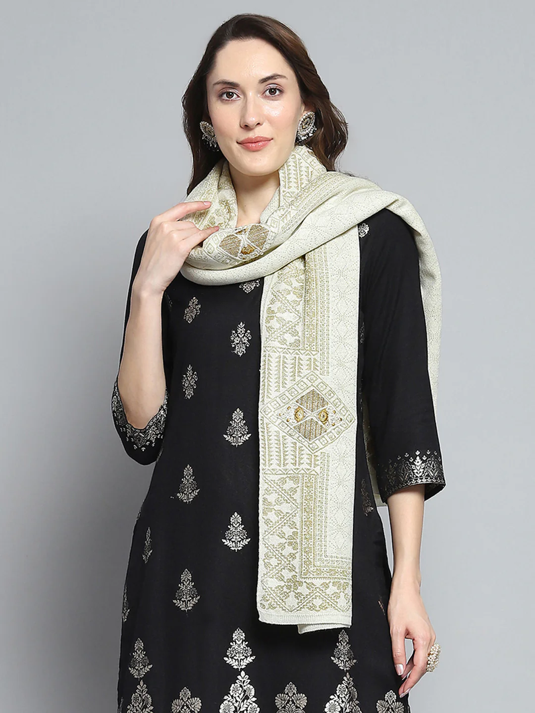 Women Cream Self Design Stole