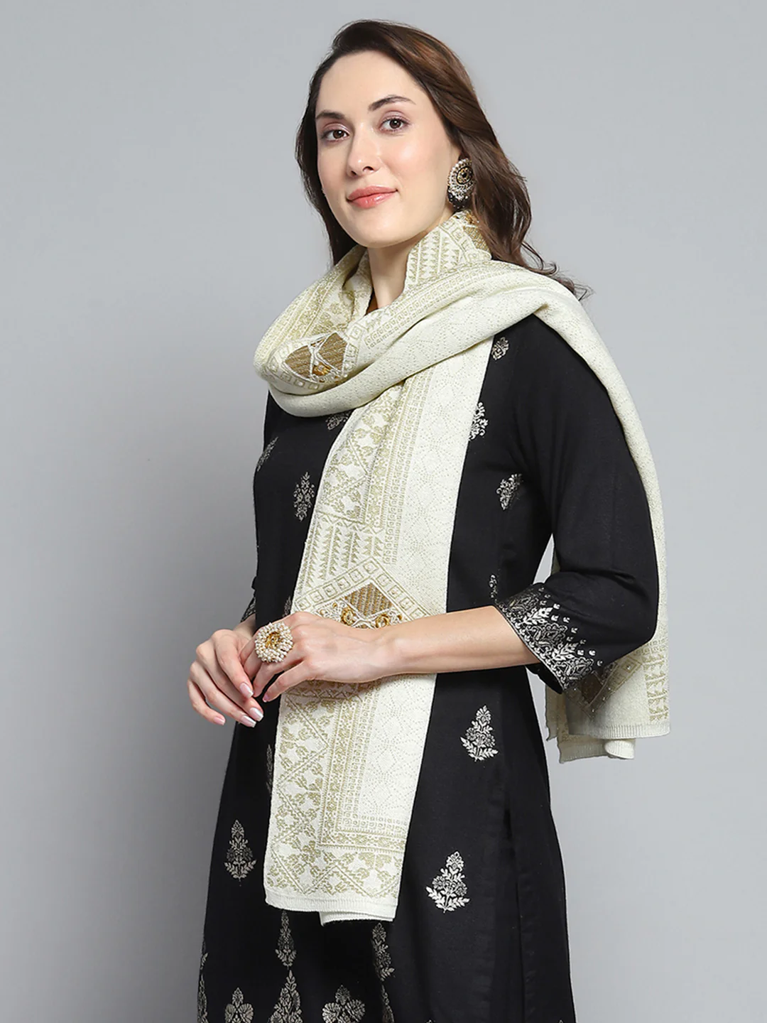 Women Cream Self Design Stole - Image 3