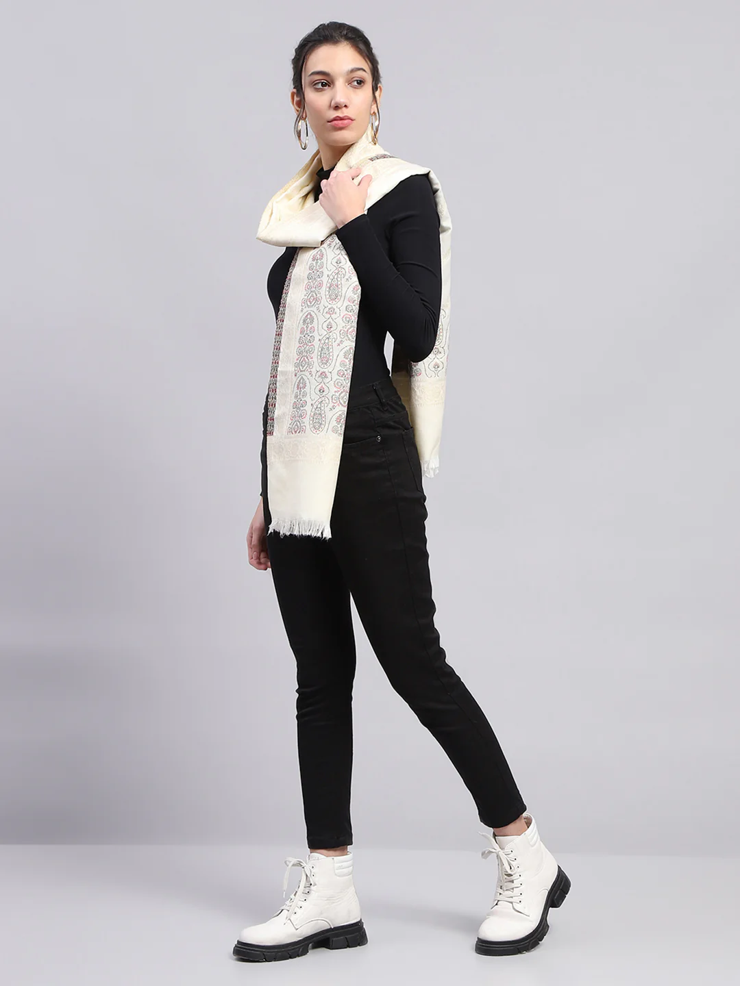 Women Cream Self Design Stole - Image 4