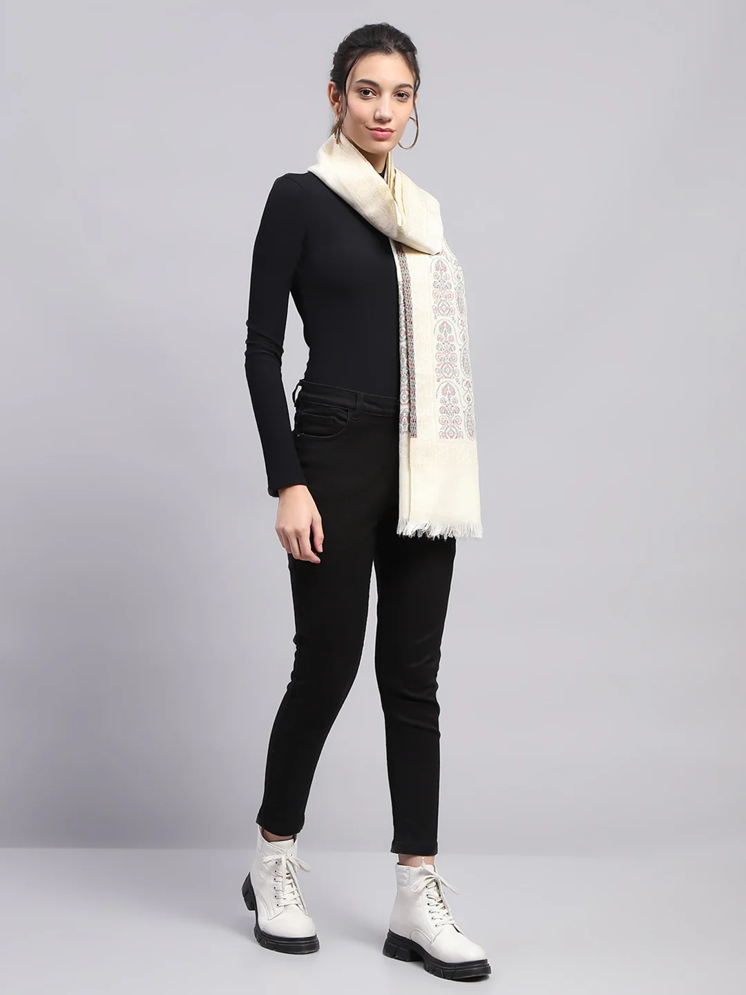 Women Cream Self Design Stole - Image 5