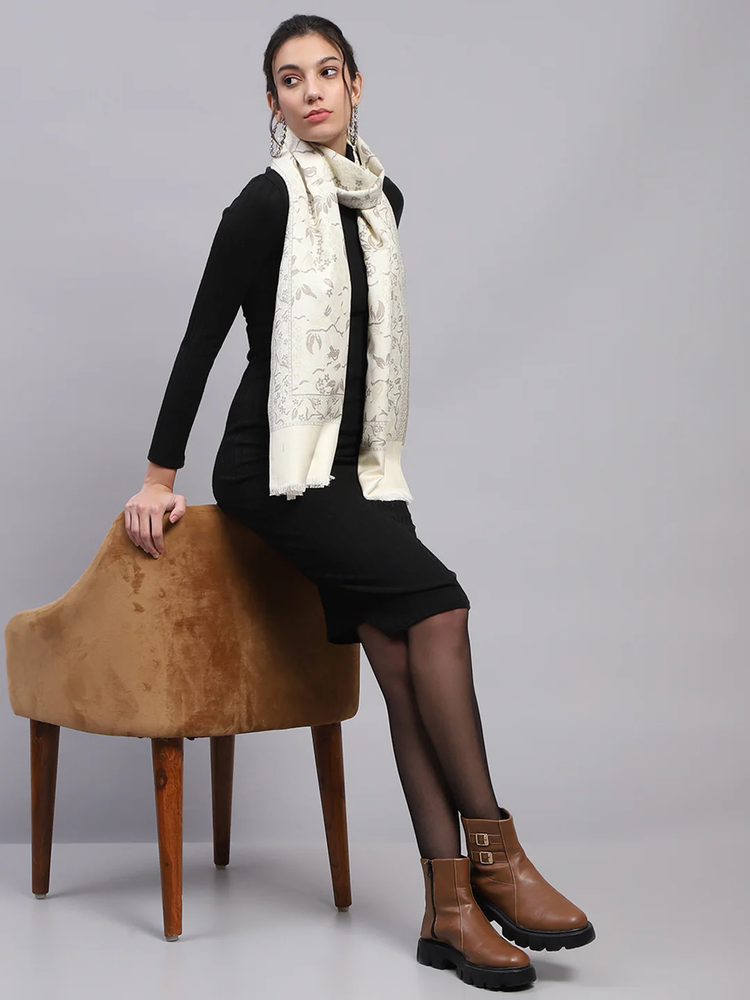 Women Cream Self Design Stole - Image 2