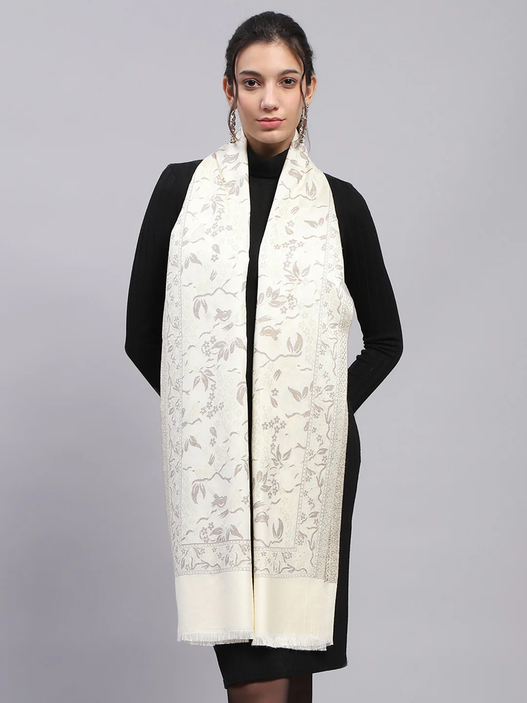 Women Cream Self Design Stole - Image 3