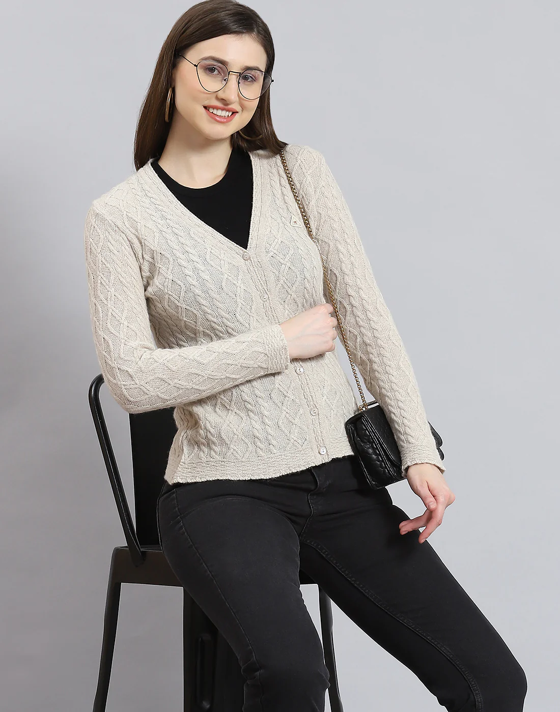 Women Cream Self Design V Neck Full Sleeve Cardigan - Image 2