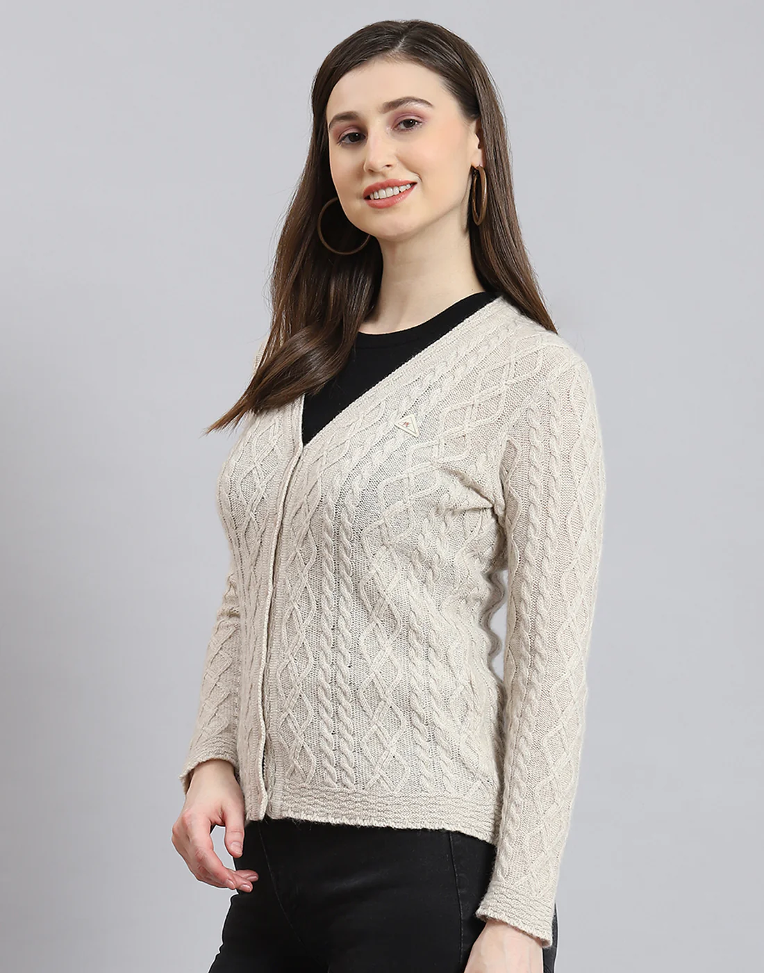 Women Cream Self Design V Neck Full Sleeve Cardigan - Image 4