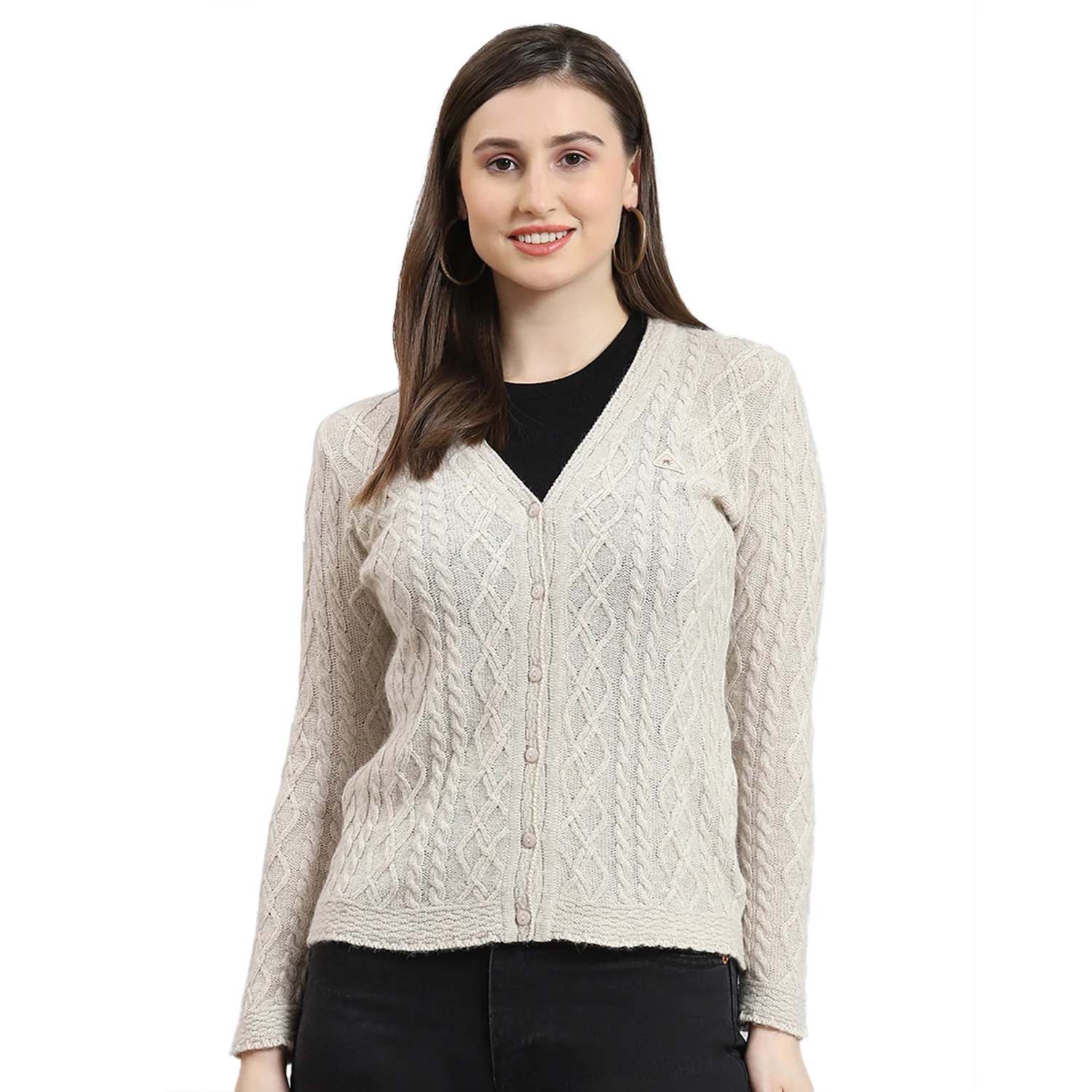 Women Cream Self Design V Neck Full Sleeve Cardigan - Image 5