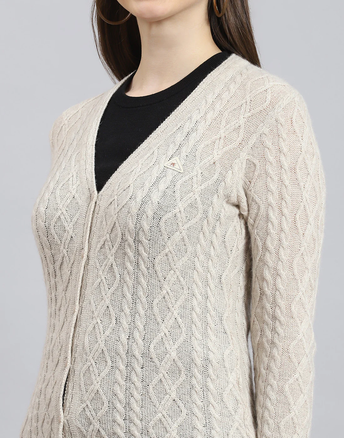 Women Cream Self Design V Neck Full Sleeve Cardigan - Image 8