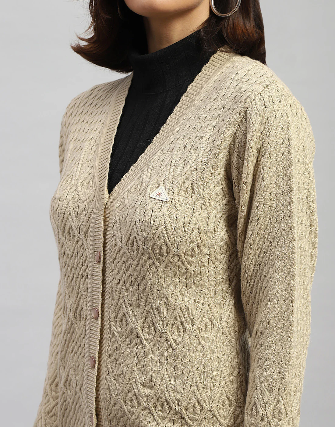Women Cream Self Design V Neck Full Sleeve Cardigan - Image 6