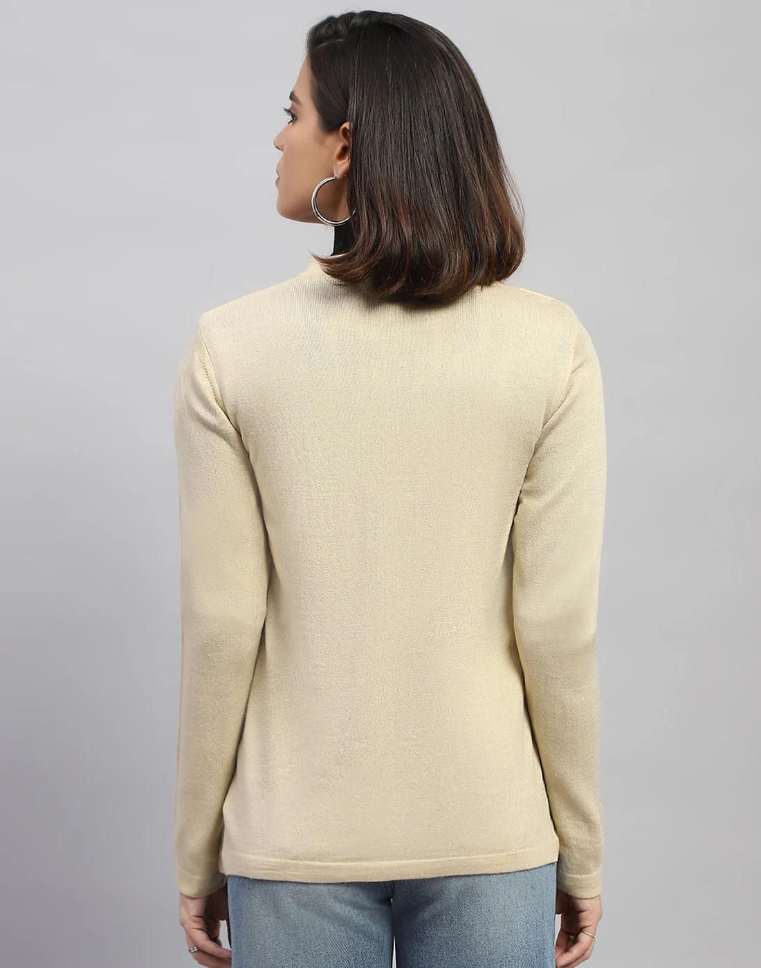 Women Cream Self Design V Neck Full Sleeve Cardigan - Image 6