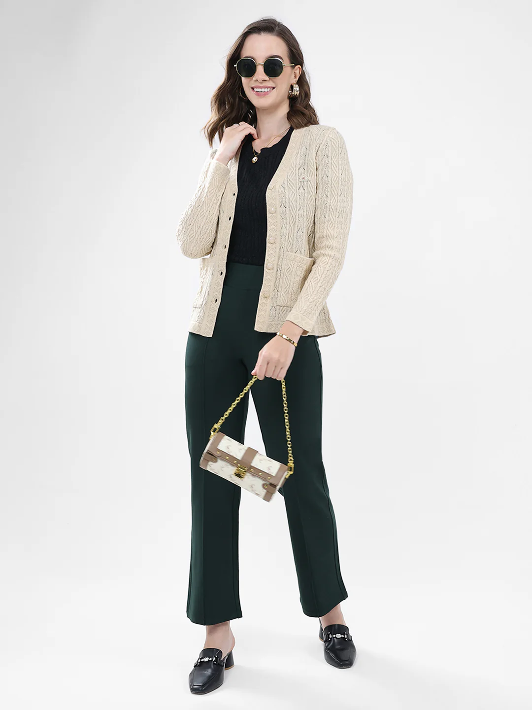 Women Cream Self Design V Neck Full Sleeve Cardigan - Image 2