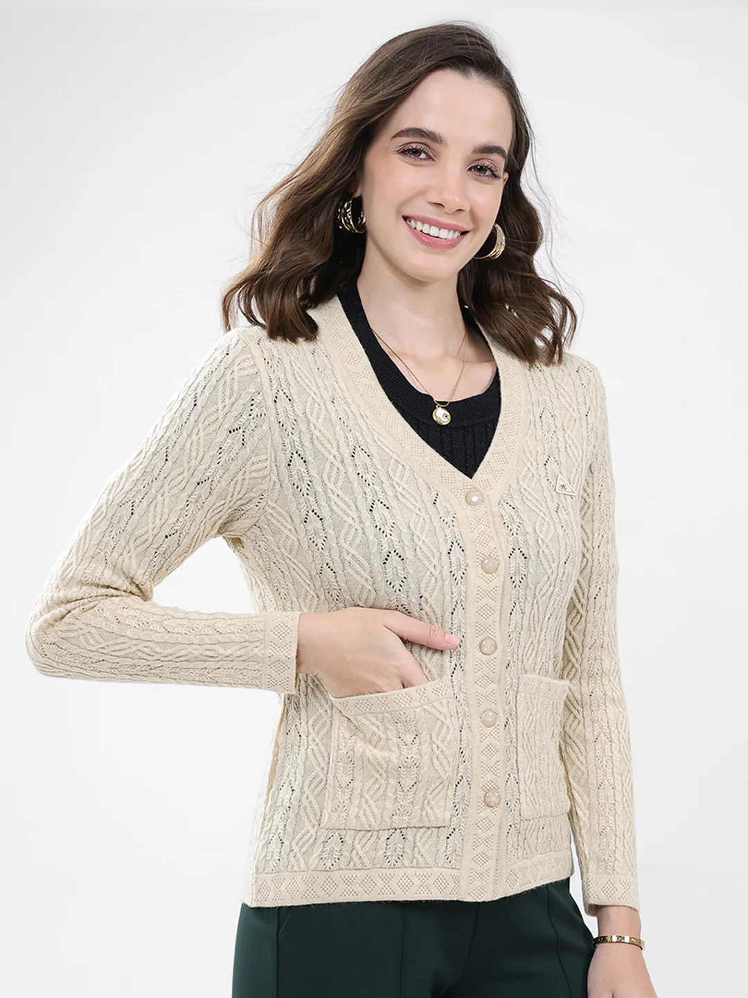 Women Cream Self Design V Neck Full Sleeve Cardigan - Image 4