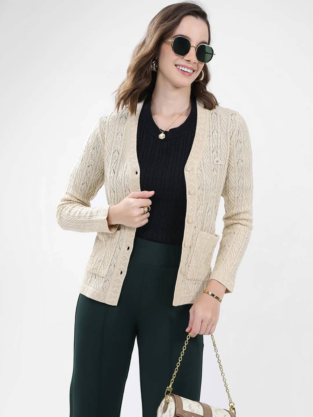 Women Cream Self Design V Neck Full Sleeve Cardigan - Image 6