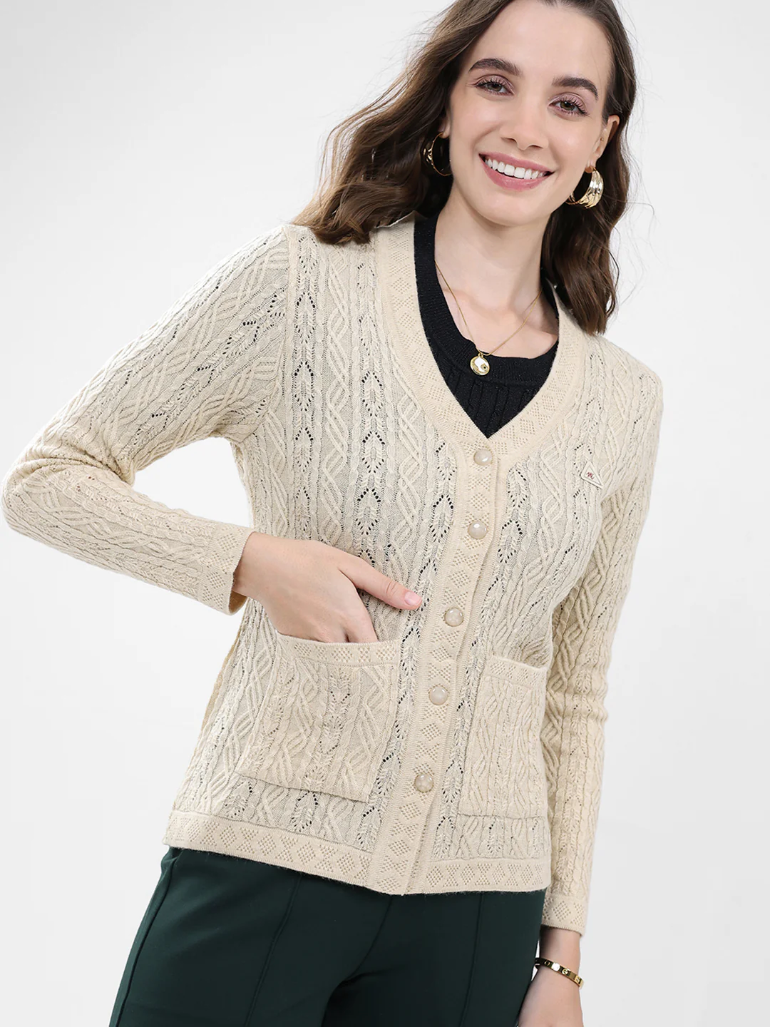 Women Cream Self Design V Neck Full Sleeve Cardigan - Image 7