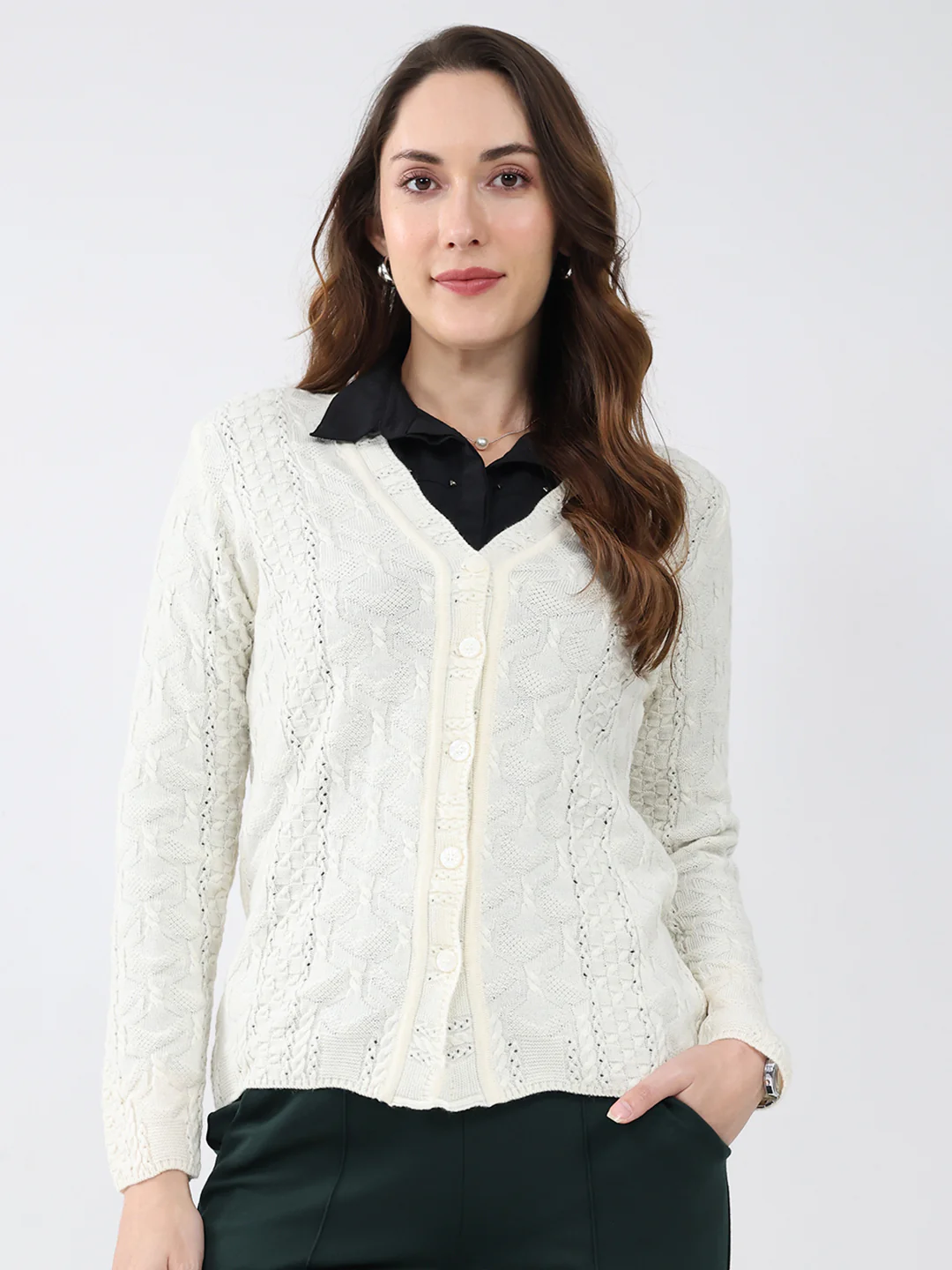Women Cream Self Design V Neck Full Sleeve Cardigan