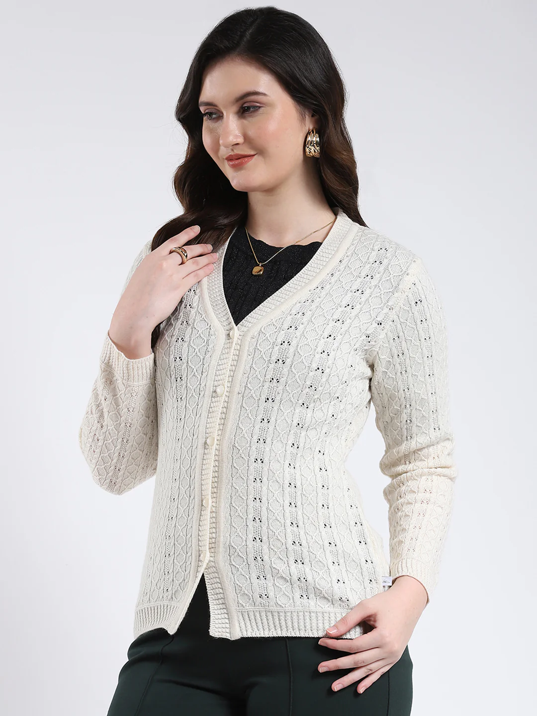 Women Cream Self Design V Neck Full Sleeve Cardigan - Image 3