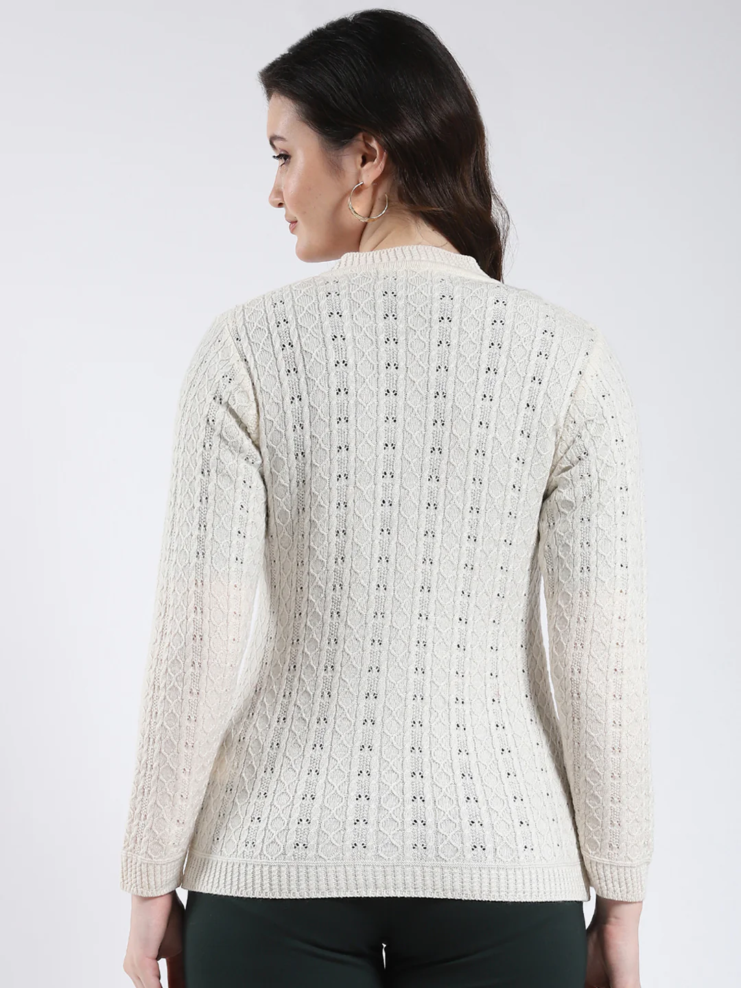 Women Cream Self Design V Neck Full Sleeve Cardigan - Image 5