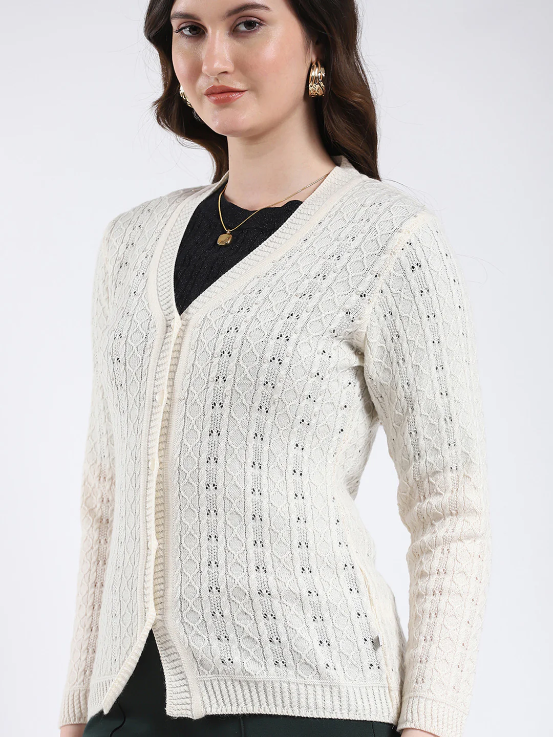 Women Cream Self Design V Neck Full Sleeve Cardigan - Image 7